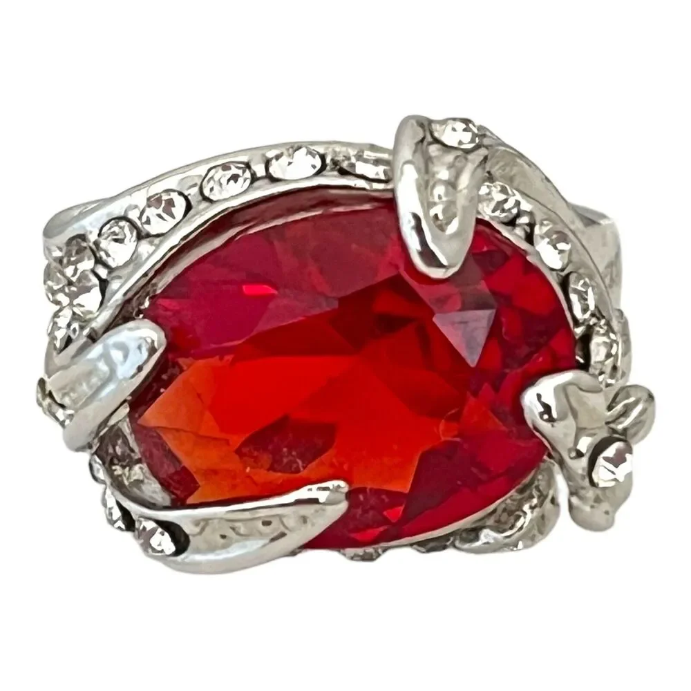 Vintage 1980s Ruby Red Rhinestone Cocktail Ring Silver Tone Size 9.25 - 5J